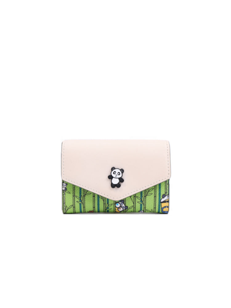 Minions And Panda Bamboo Pattern Button Wallet- Green/White
