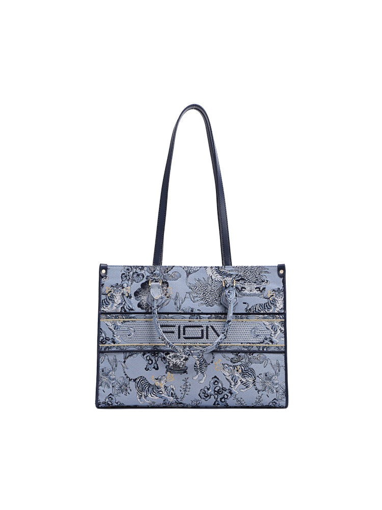 Zishi Tiger Jacquard with Leather Tote Bag