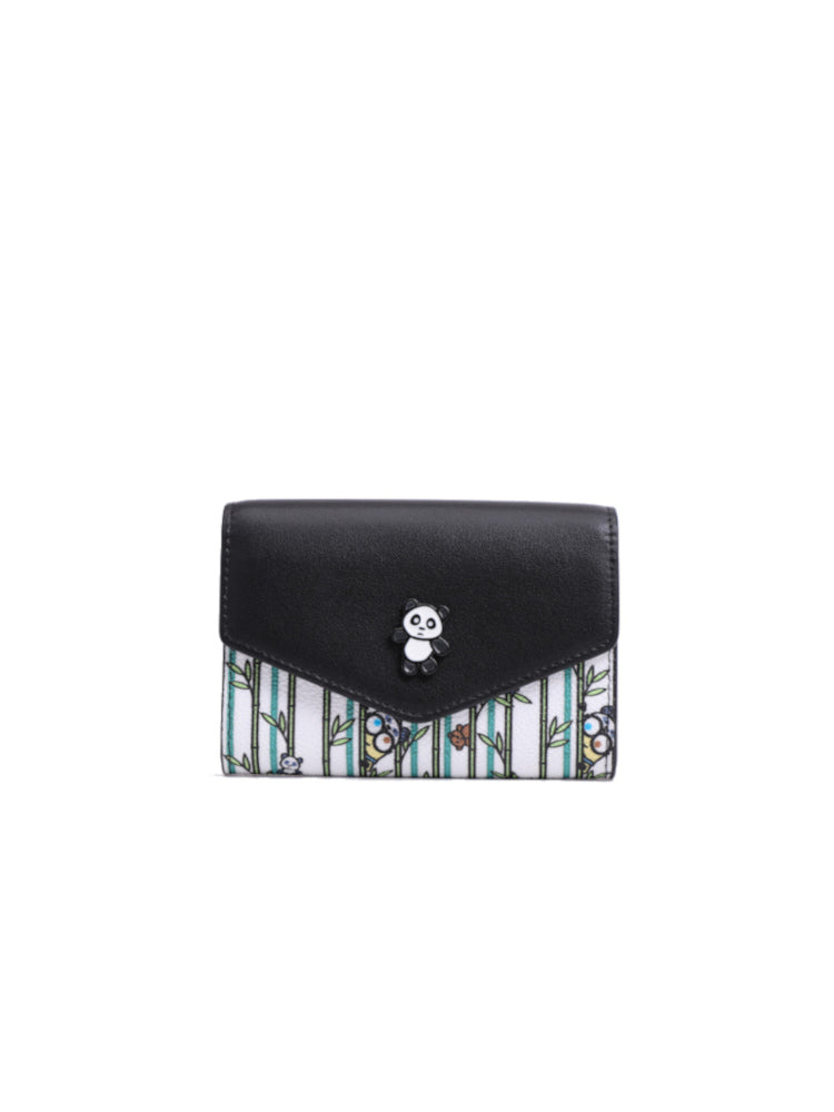 Minions And Panda Bamboo Pattern Button Wallet- White/Black