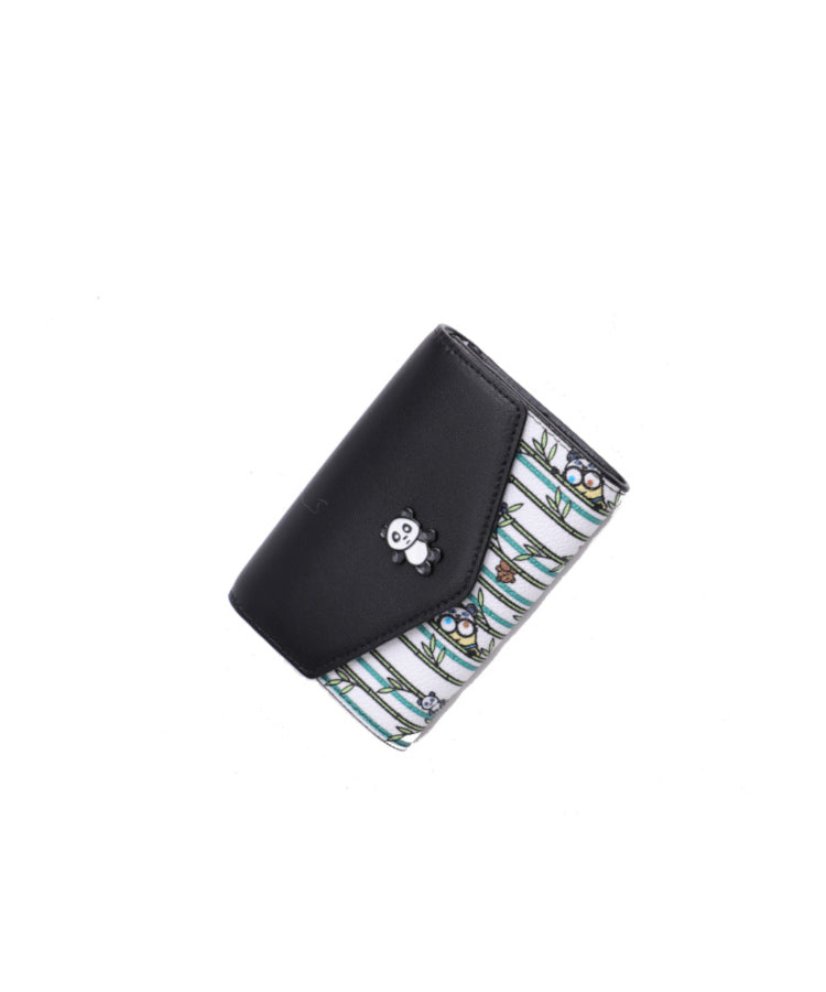 Minions And Panda Bamboo Pattern Button Wallet- White/Black