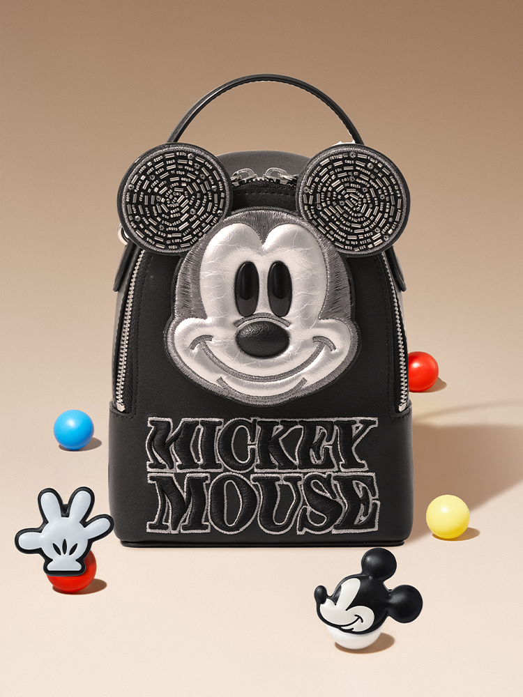 Mickey Mouse Black Embroidered Leather Backpack